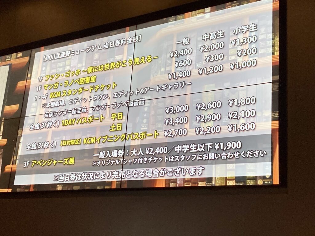 角川武蔵野ミュージアム当日券料金表