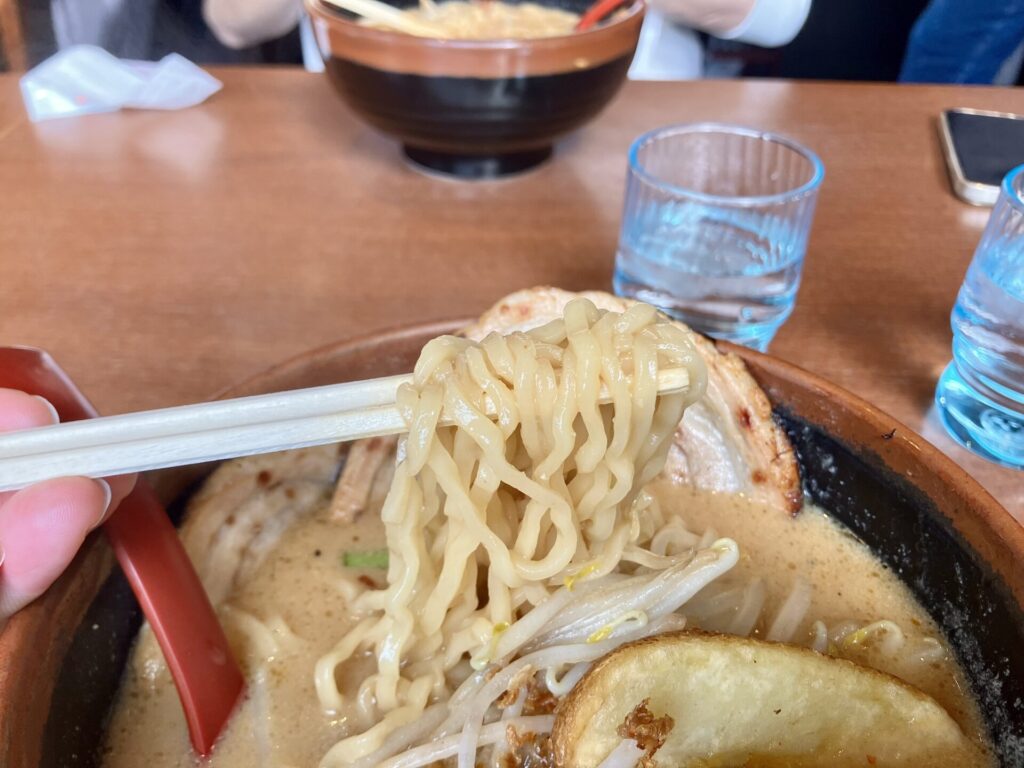 お箸で麺を持ち上げている様子